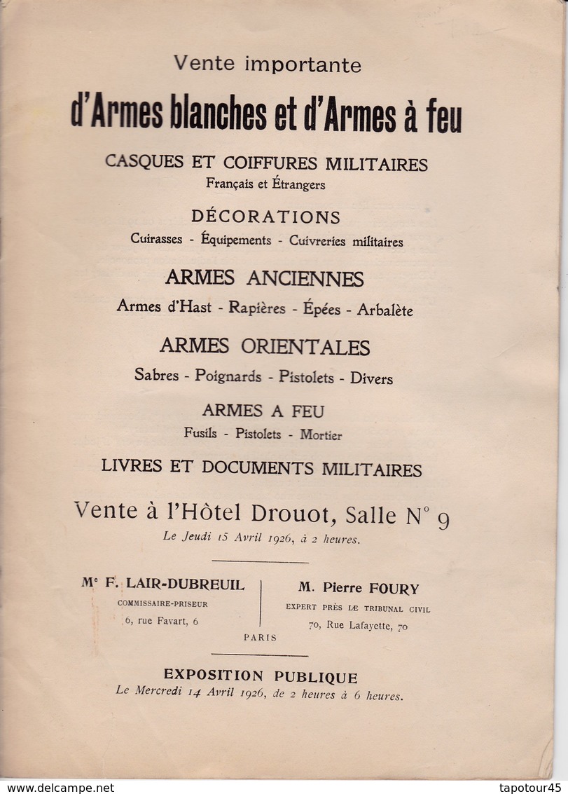 Milit/1)    Catalogue De Vente Armes Blanches A Drouot 1926  (format 25 X 18 ) 16 Pages - Frankreich