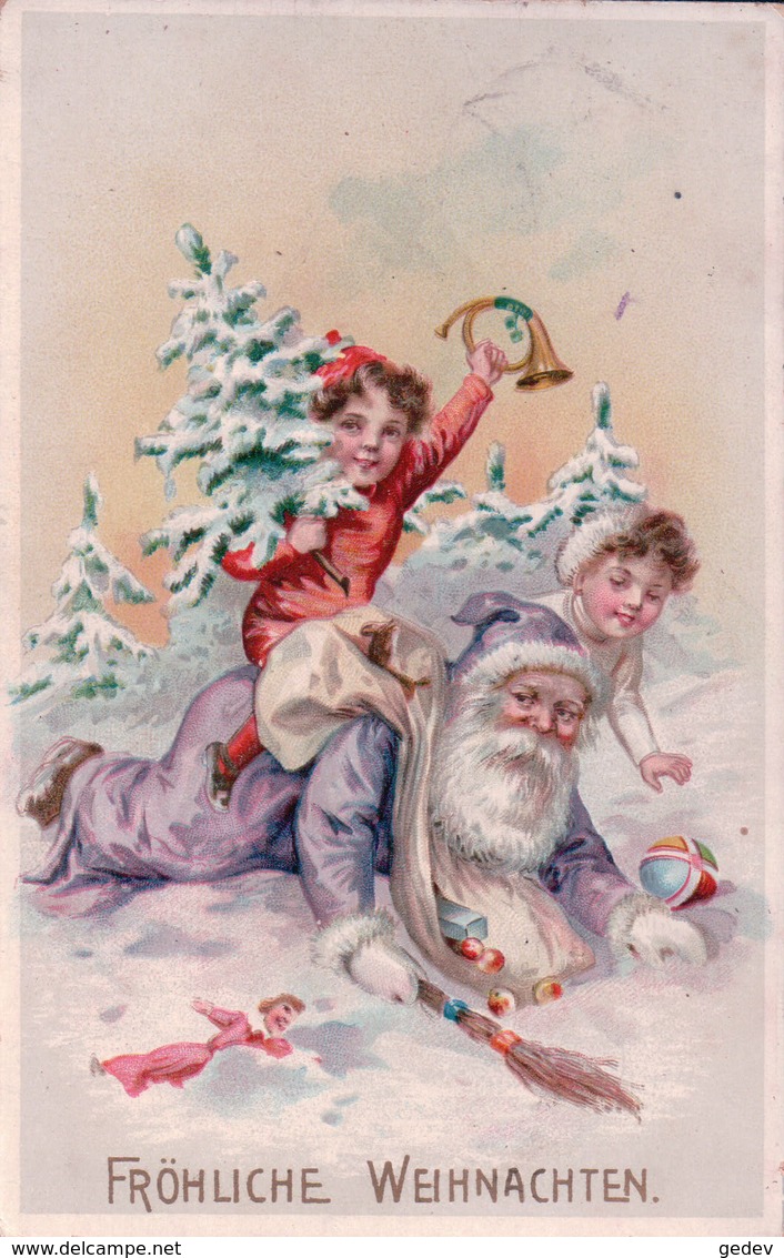 Fröhliche Weihnachten, Père Noël Et Enfants, Glissade, Litho Gaufrée (231210) - Santa Claus