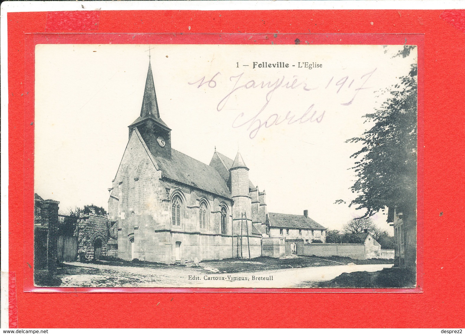 80 FOLLEVILLE Cpa L ' Eglise       Edit Cartoux Vimeux - Autres & Non Classés