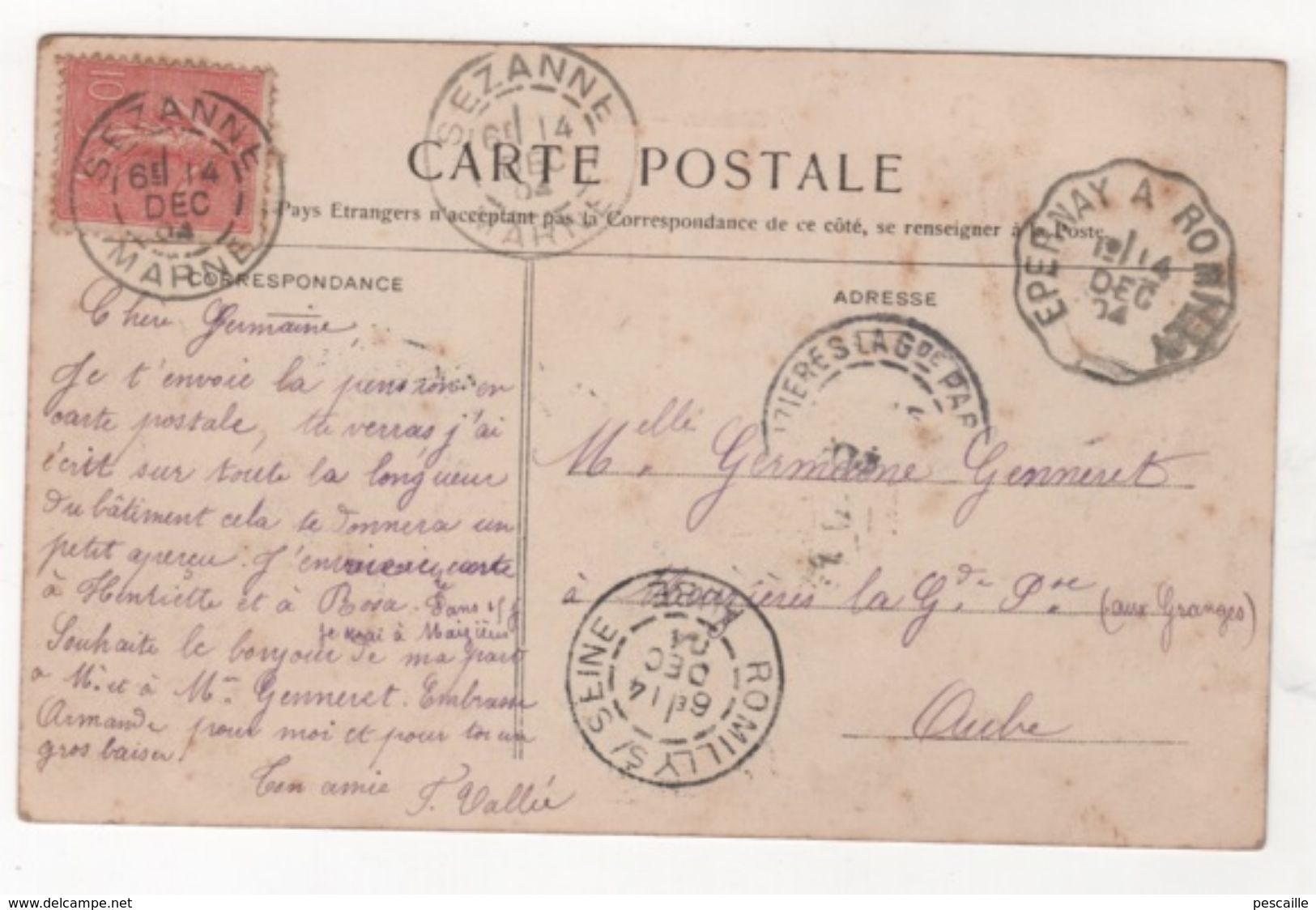 51 MARNE - CP SEZANNE - GRANDE RUE - ( PENSIONNAT DE Mlle CHAGAL ?) - CIRCULEE EN 1904 AVEC 5 OBLITERATIONS - Sezanne