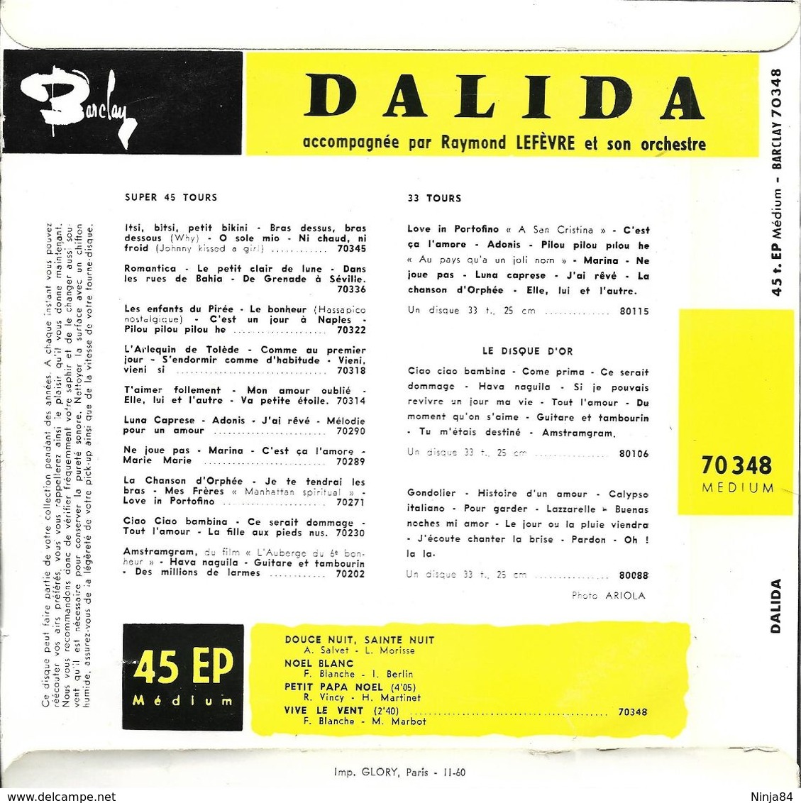 EP 45 RPM (7")  Dalida  "  Joyeux Noël  " - Christmas Carols