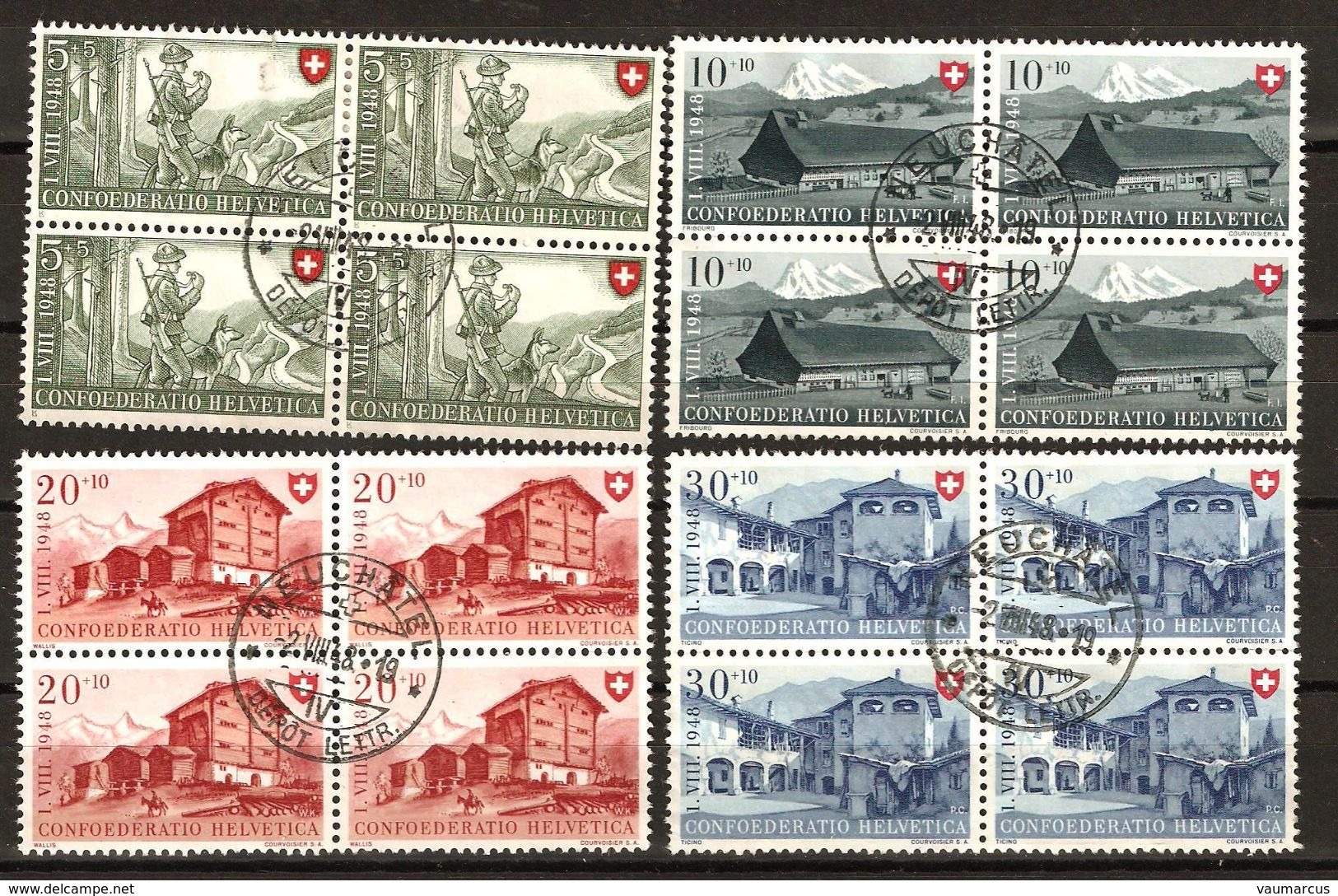 PRO PATRIA 1948 Blocs De 4 Obl. NEUCHÂTEL 2.8.48 SBK 100,- Voir Description - Used Stamps