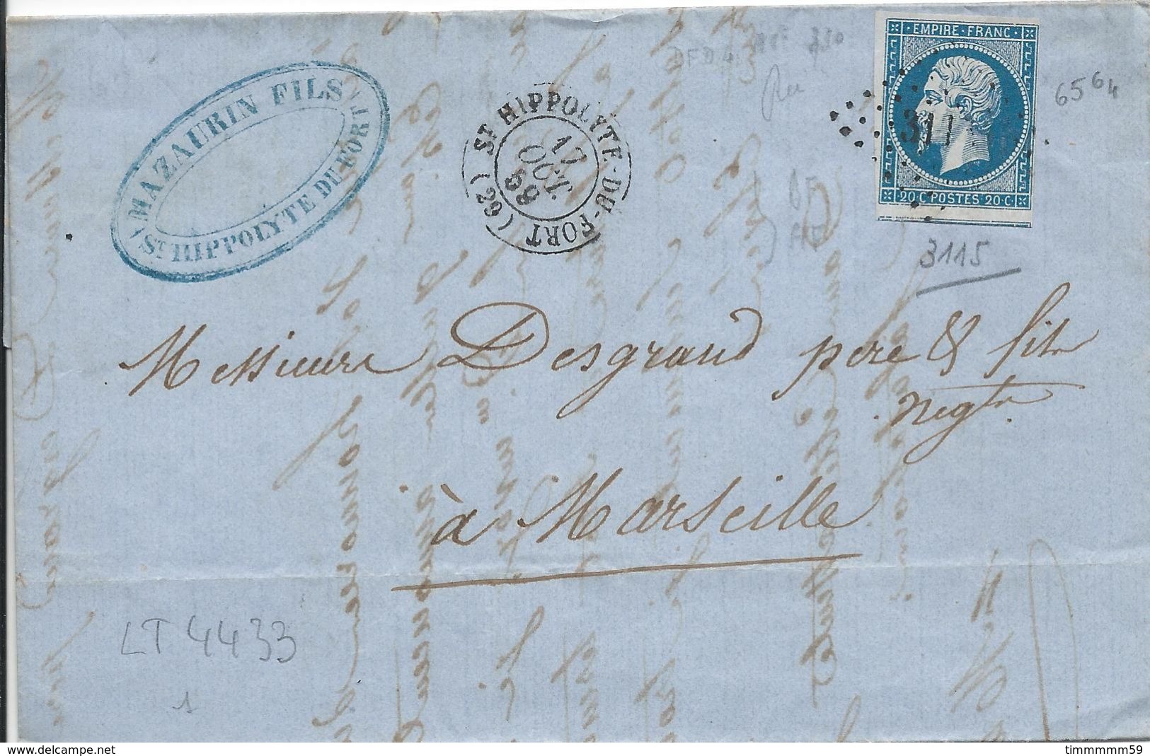 LT4433  Variété/n°14A/lettre, Oblit PC 3115 St-Hippolyte-du-Fort, Gard (29), Ind 4, Tache Blanche Sous Le Coup, Filets S - 1853-1860 Napoleon III