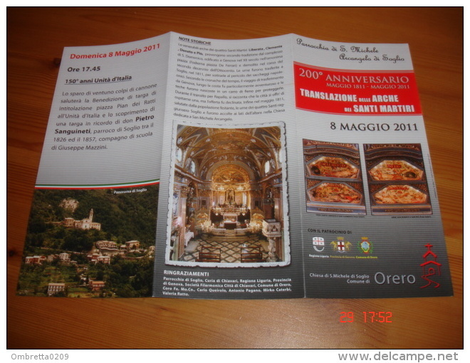 Brochure - TRASLAZIONE ARCHE Santi Martiri LIBERATA, CLEMENTE, DONATO E PIO In SOGLIO ORERO,Genova / 150° UNITA' ITALIA - Religione & Esoterismo