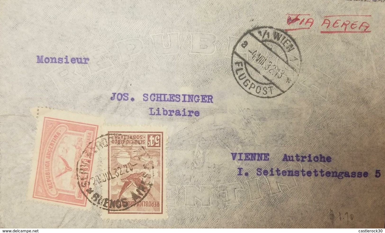 O) 1932 ARGENTINA, AIRMAIL, EAGLE SCOTT AP2 SOBRETASA 54 CENTAVOS, WINGS CROSS THE SEA AP3 30 CENTAVOS SOBRETASA, TO SEI - Covers & Documents