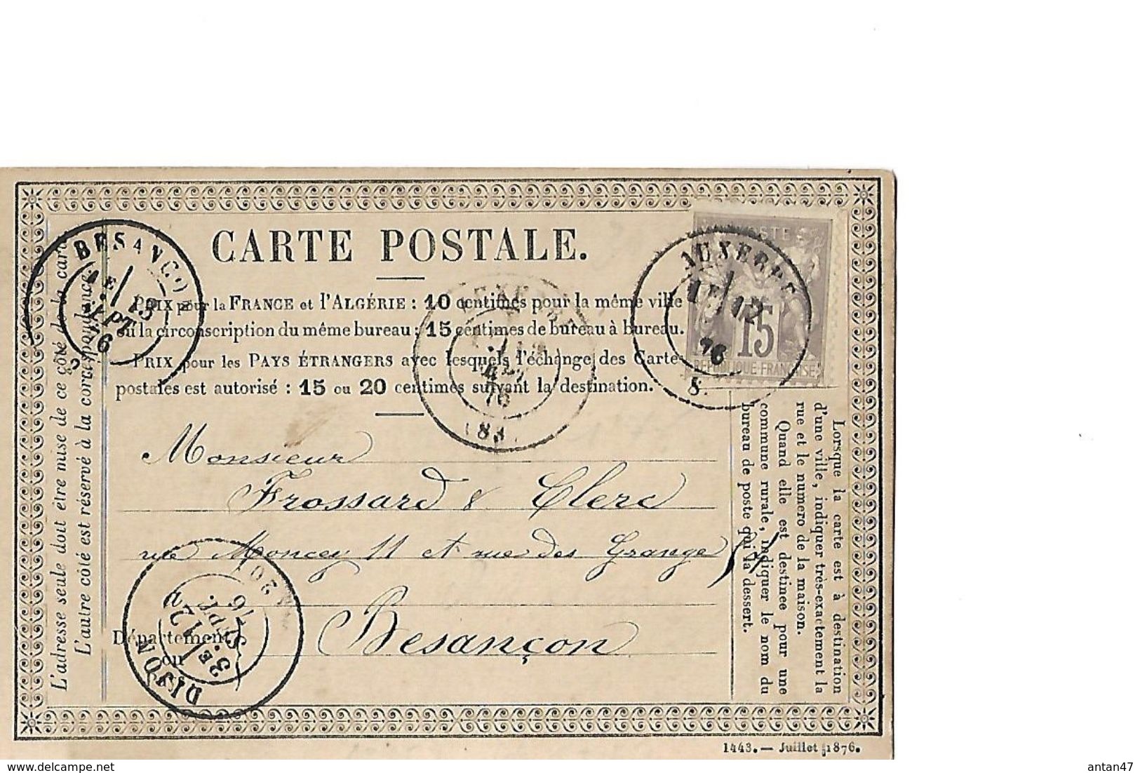 Carte Précurseur 1876 / LABORIE Débitant De Tabac à Auxerre Yonne 89 / FROSSARD Besançon DOUBS 25 - 1876-1878 Sage (Type I)