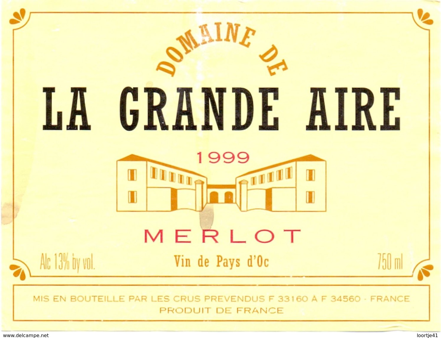 Etiket Etiquette - Vin - Domaine De La Grande Aire - Merlot 1999 - Other & Unclassified