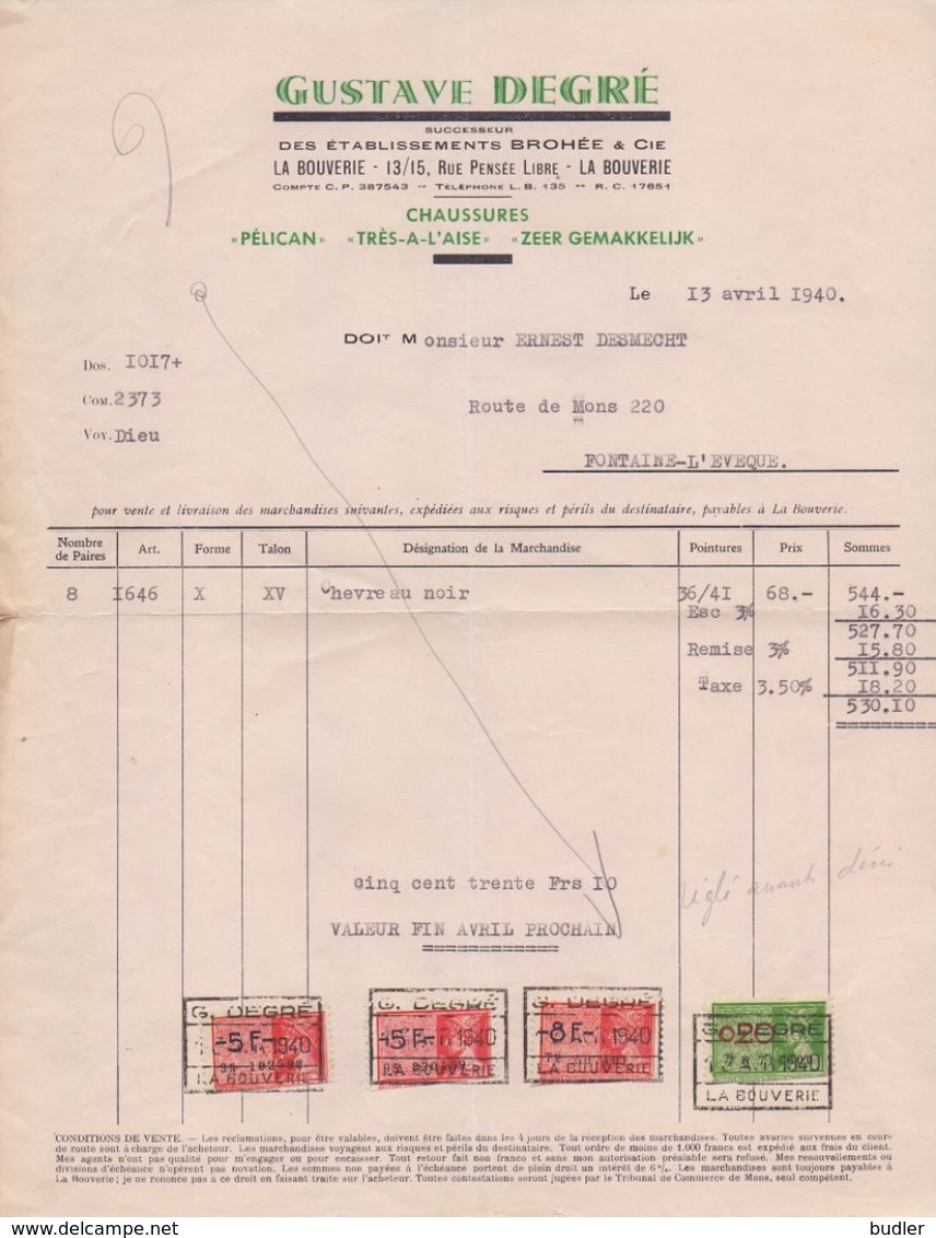 BELGIË/BELGIQUE :1940: Facture De ## GUSTAVE DEGRÉ, LA BOUVERIE ##  à ## Mr. DESMECHT à FONTAINE-l'ÉVÊQUE ## - Textile & Clothing