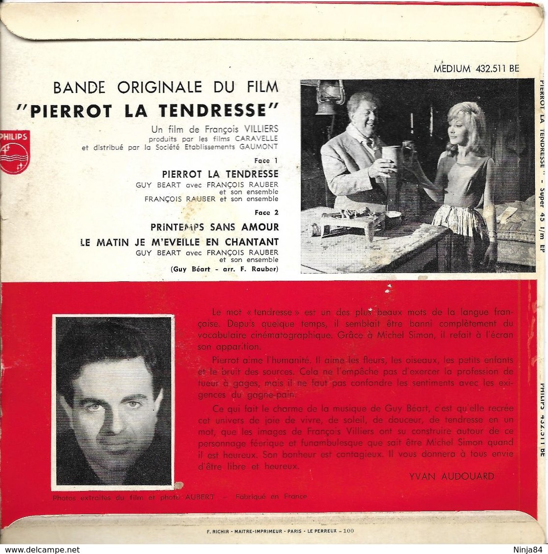 EP 45 RPM (7")  B-O-F  Guy Béart / Claude Brasseur / Dany Saval   "  Pierrot La Tendresse  " - Filmmusik