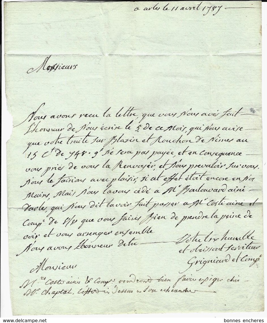 1787 LETTRE GRIGNIARD VERRERIE DE TRINQUETAILLE Pour CHAPTAL à MONTPELLIER V.TEXTE - Manuscripten