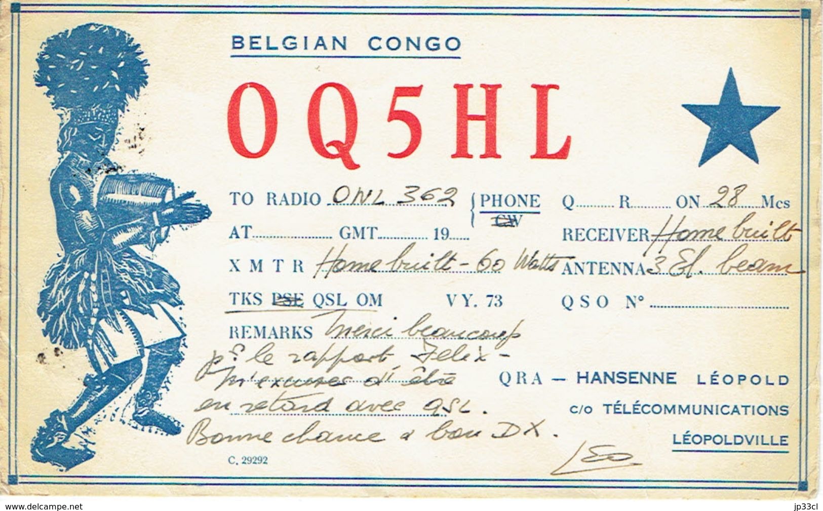 Ancienne QSL De OQ5HL Leopold Hansenne Léopoldville Congo Belge (vers 1945/50) - Amateurfunk