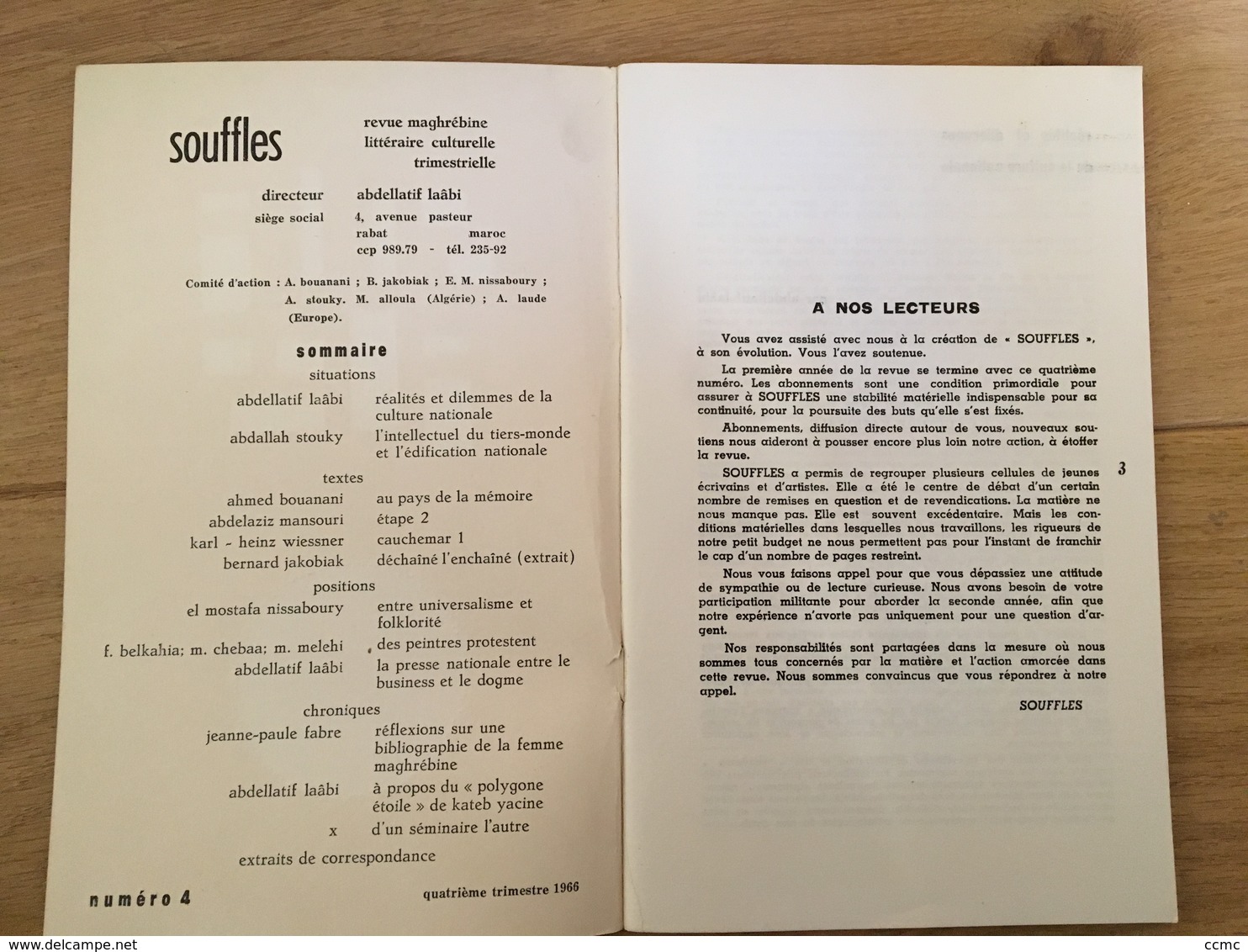 Souffles - Revue Culturelle Arabe Du Maghreb Dirigée Par Abdellatif Laâbi - N°4 : Janvier 1967 (très Rare) - Autres & Non Classés