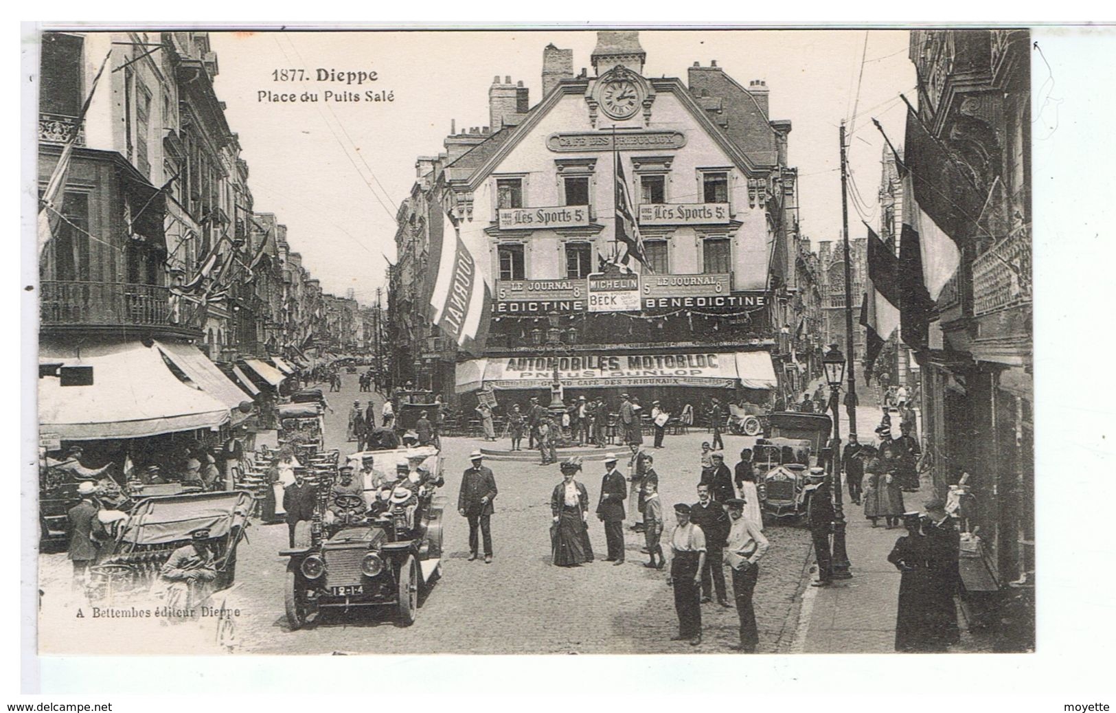 CPA-76-DIEPPE-PLACE DU PUITS SALÉ-ANIMÉE-PERSONNAGES-VOITURES ANCIENNES-GRAND CAFE DES TRIBUNAUX- - Dieppe