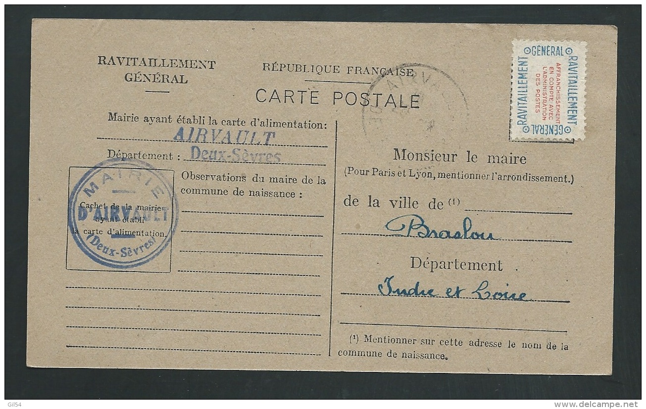 Carte Ravitaillement   Cachet Mairie De Airvault ( Deux Sèvres , 79 )   Ab10119 - Guerra Del 1939-45