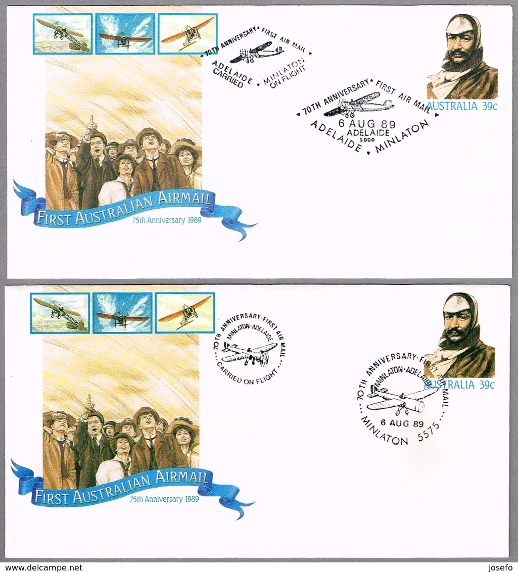 70 Años PRIMER CORREO AEREO ADELAIDE-MINLATON Y MINLATON-ADELAIDE. Set 2 Sobres. 1989 - Correo Postal