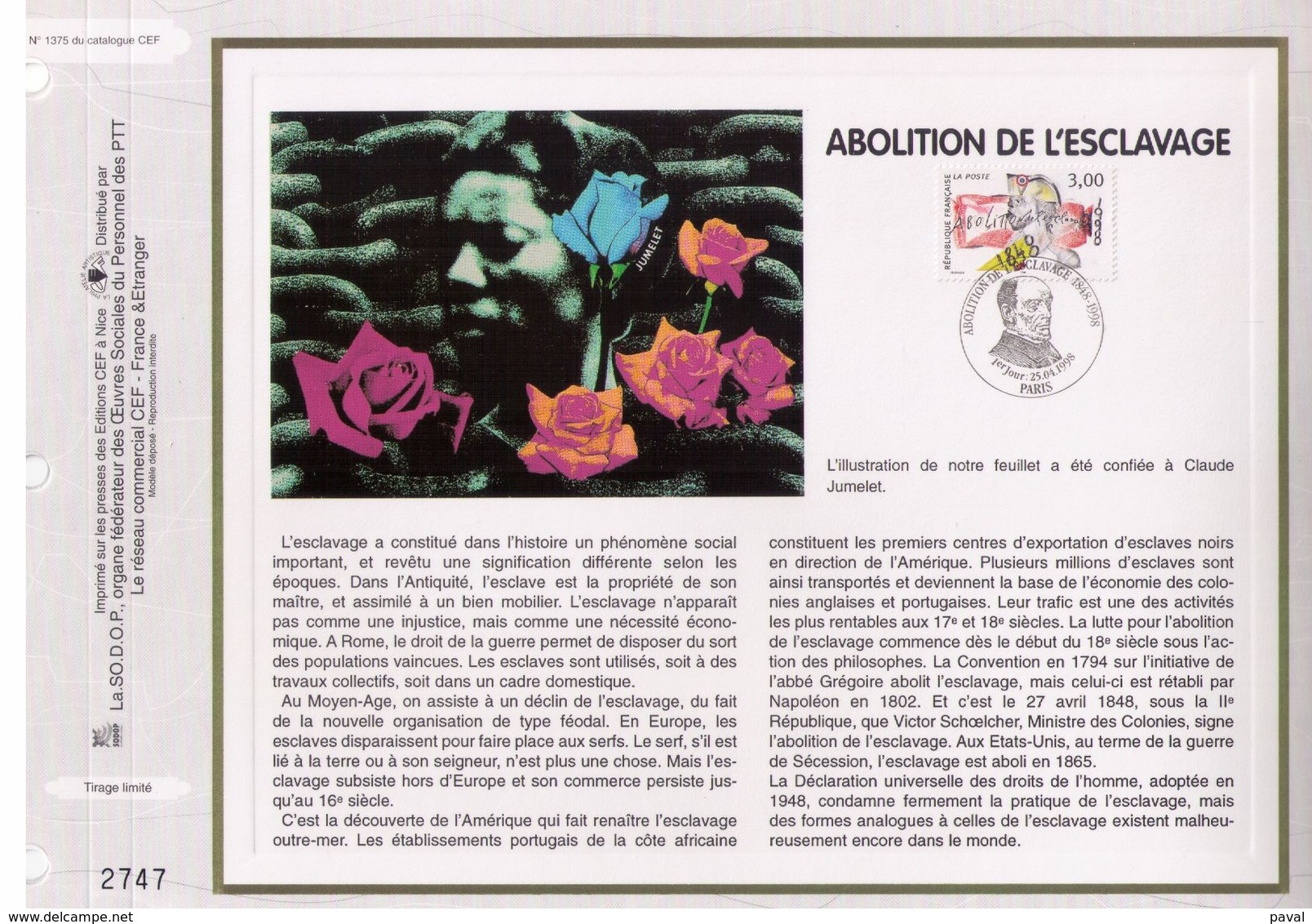 FEUILLET CEF TIRAGE LIMITE, ABOLITION DE L'ESCLAVAGE, 1998 - Autres & Non Classés