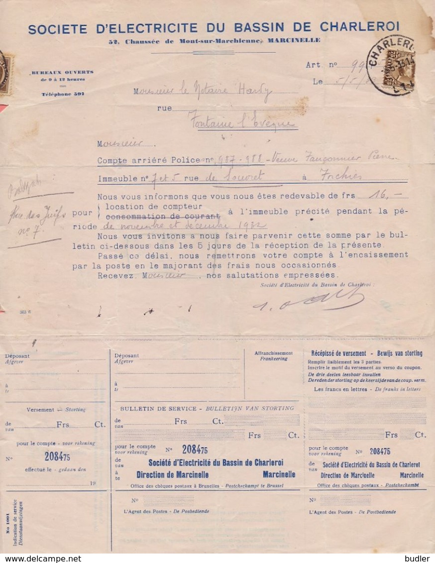 BELGIË/BELGIQUE :1933: Facture De La ## SOCIETE D'ELECTRICITE Du BASSIN De CHARLEROI ##  à ## Mr. HARDY à FONTAINE- ... - Électricité & Gaz