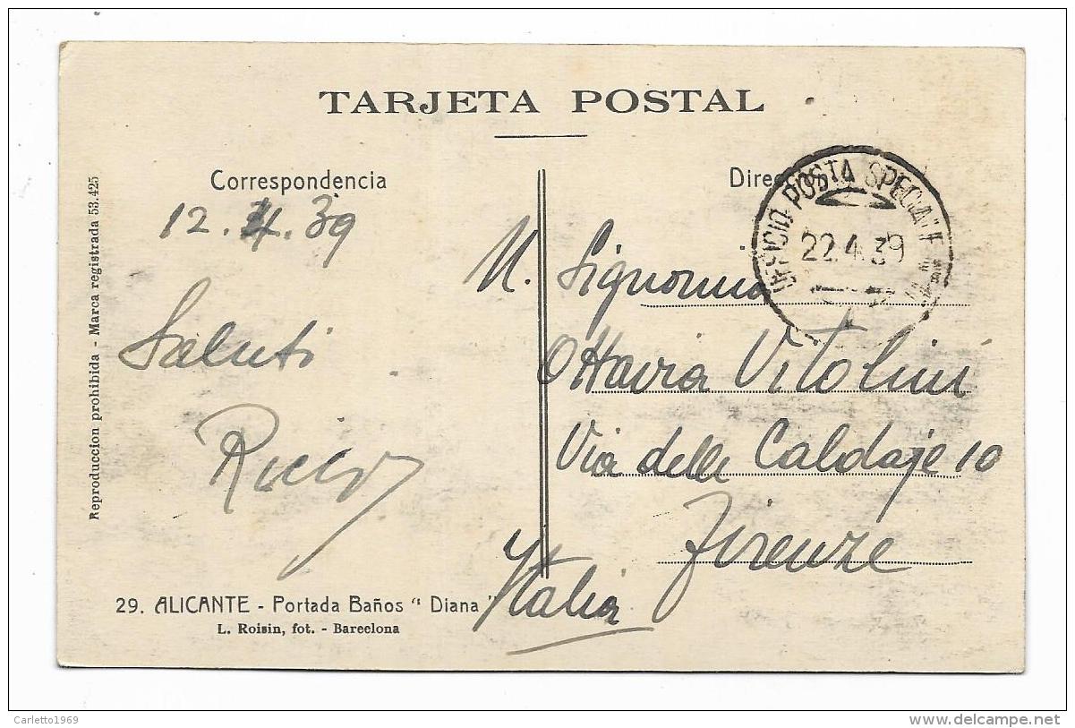 ALICANTE - PORTADA BANOS DIANA  - RETRO UFFICIO POSTALE SPECIALE 1939 VIAGGIATA FP - Alicante