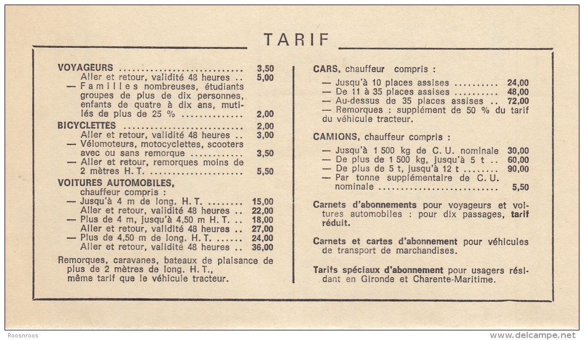 HORAIRE PASSAGE D'EAU POINTE DE GRAVE - ROYAN - TARIF 1971-1972 - Europa