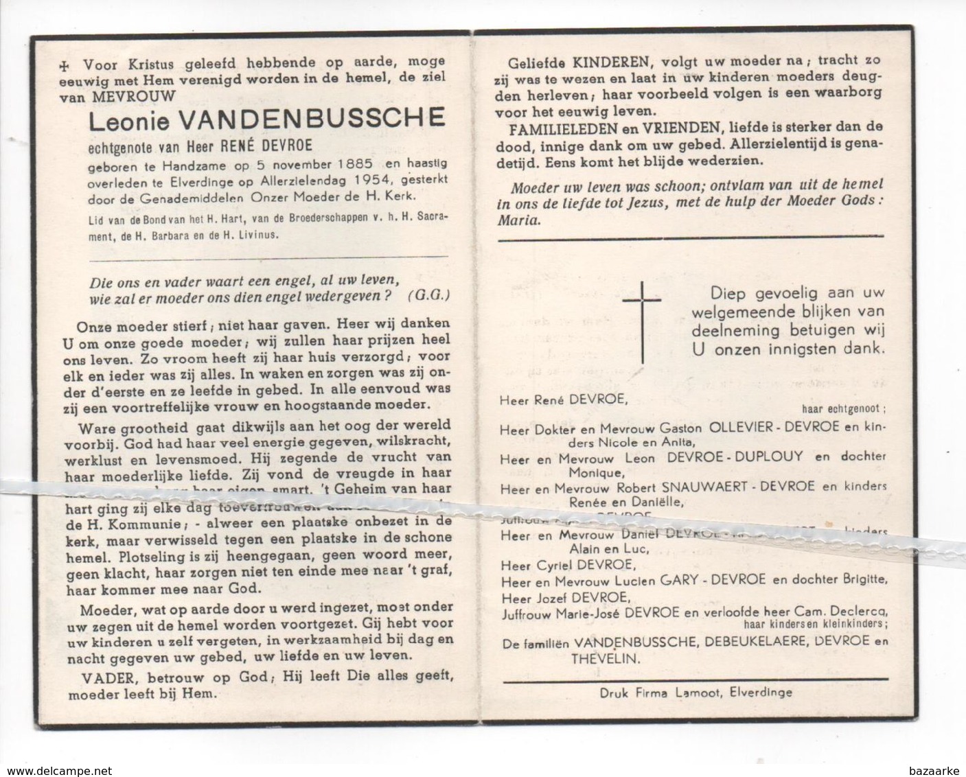 LEONIE VAN DEN BUSSCHE ° HANDZAME 1885 + ELVERDINGE 1954 / RENÉ DEVROE - Images Religieuses