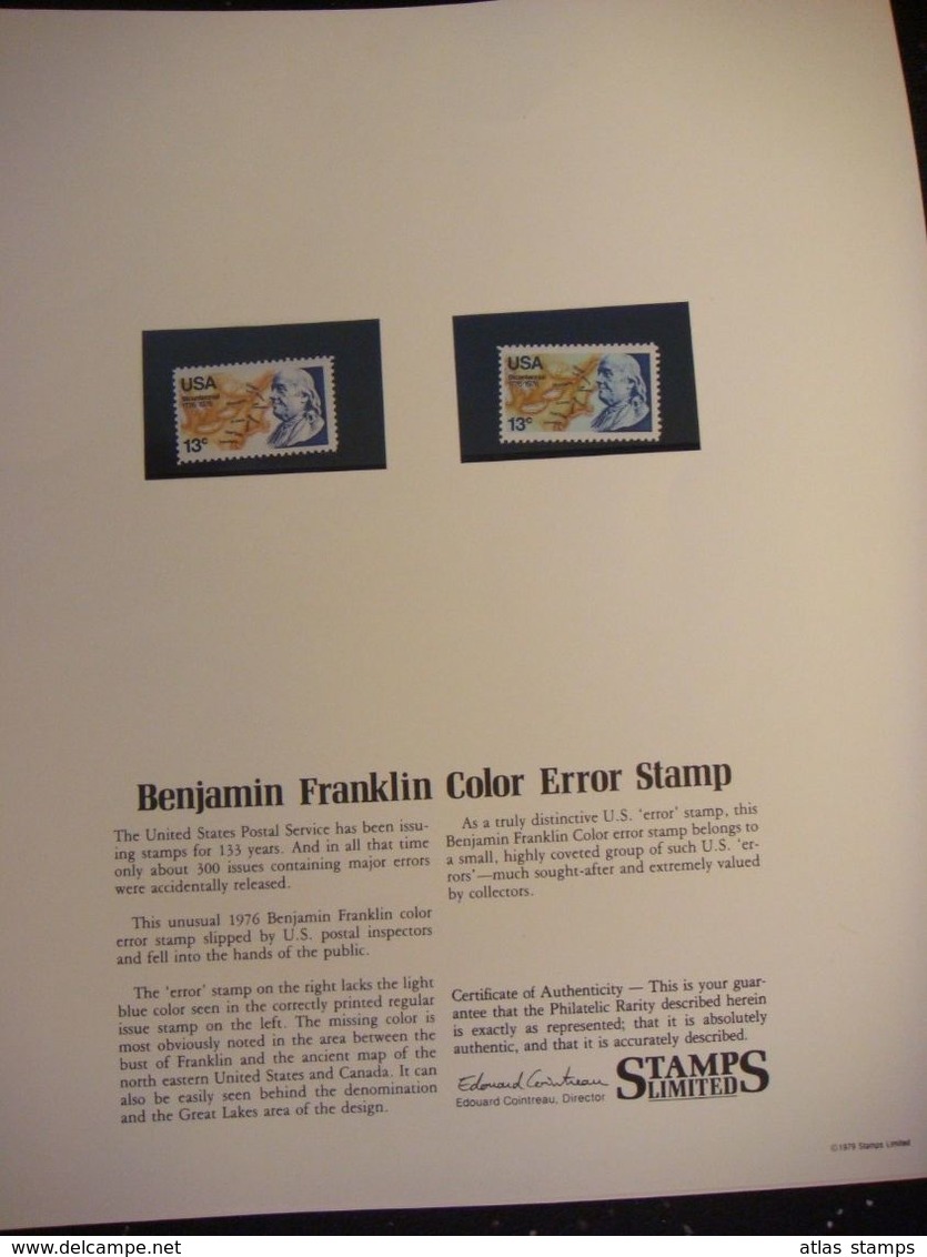 USA 1976  - Benjamin Franklin Colour Error With Certification - MNH ** - Errors, Freaks & Oddities (EFOs)