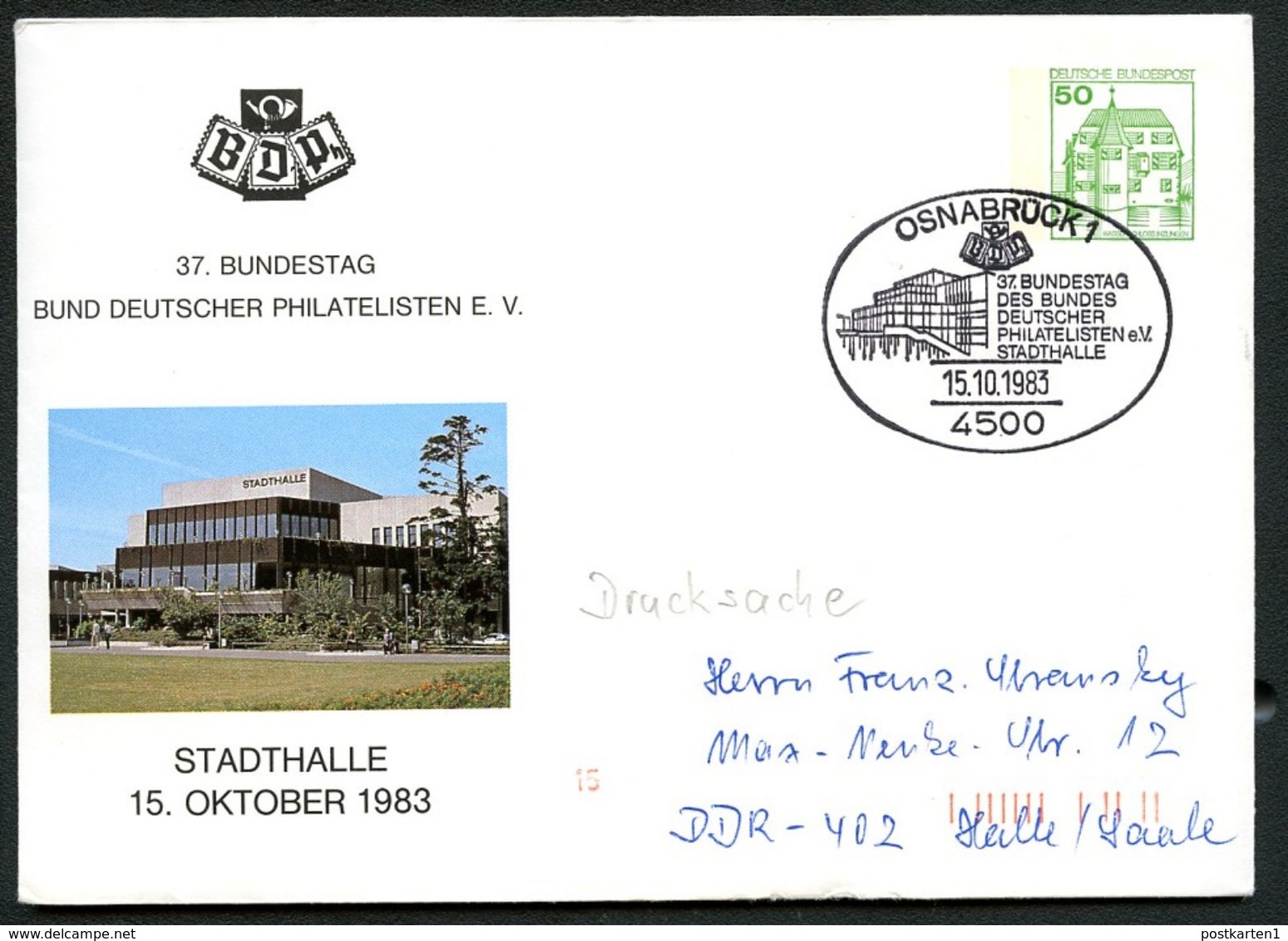Bund PU113 D1/002 Privat-Umschlag STADTHALLE OSNABRÜCK Sost. 1983 - Private Covers - Used