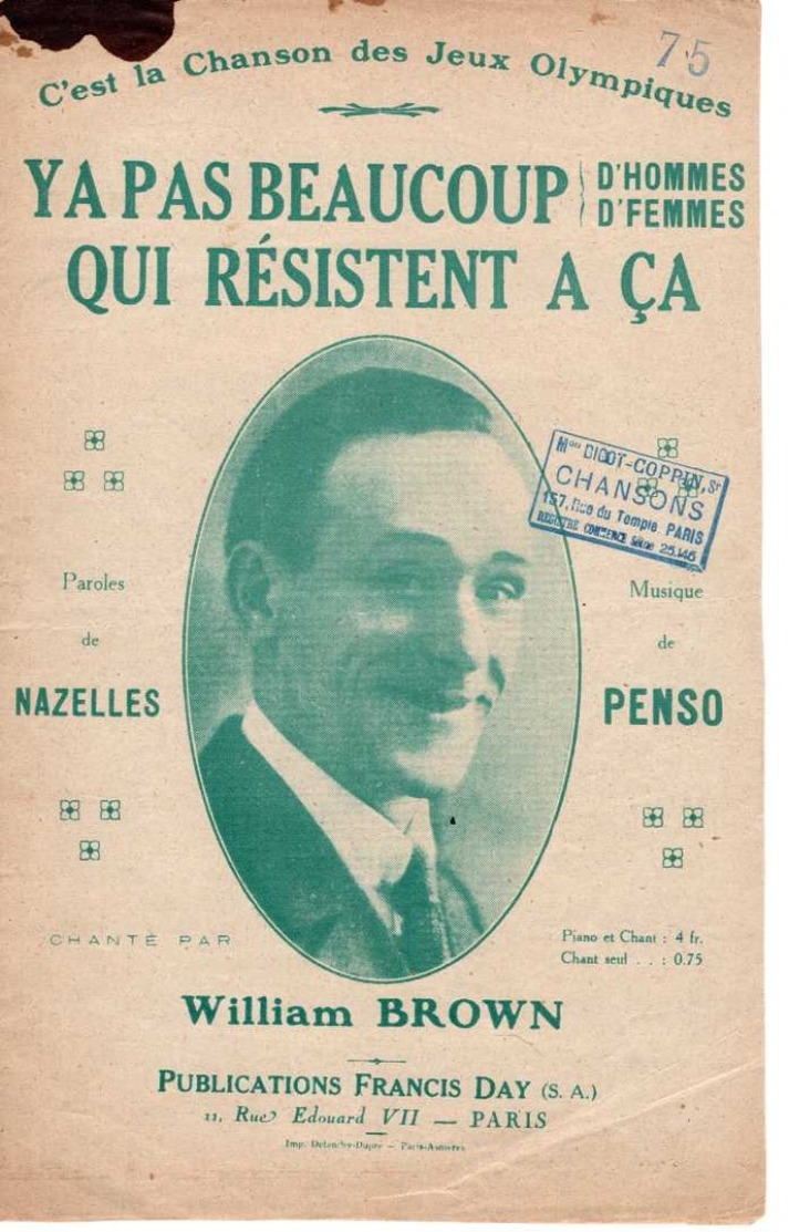 CAF CONC Jeux Olympiques PARTITION Y A PAS BEAUCOUP QUI RESISTENT À ÇA WILLIAM BROWN NAZELLES PENSO 1924 - Other & Unclassified