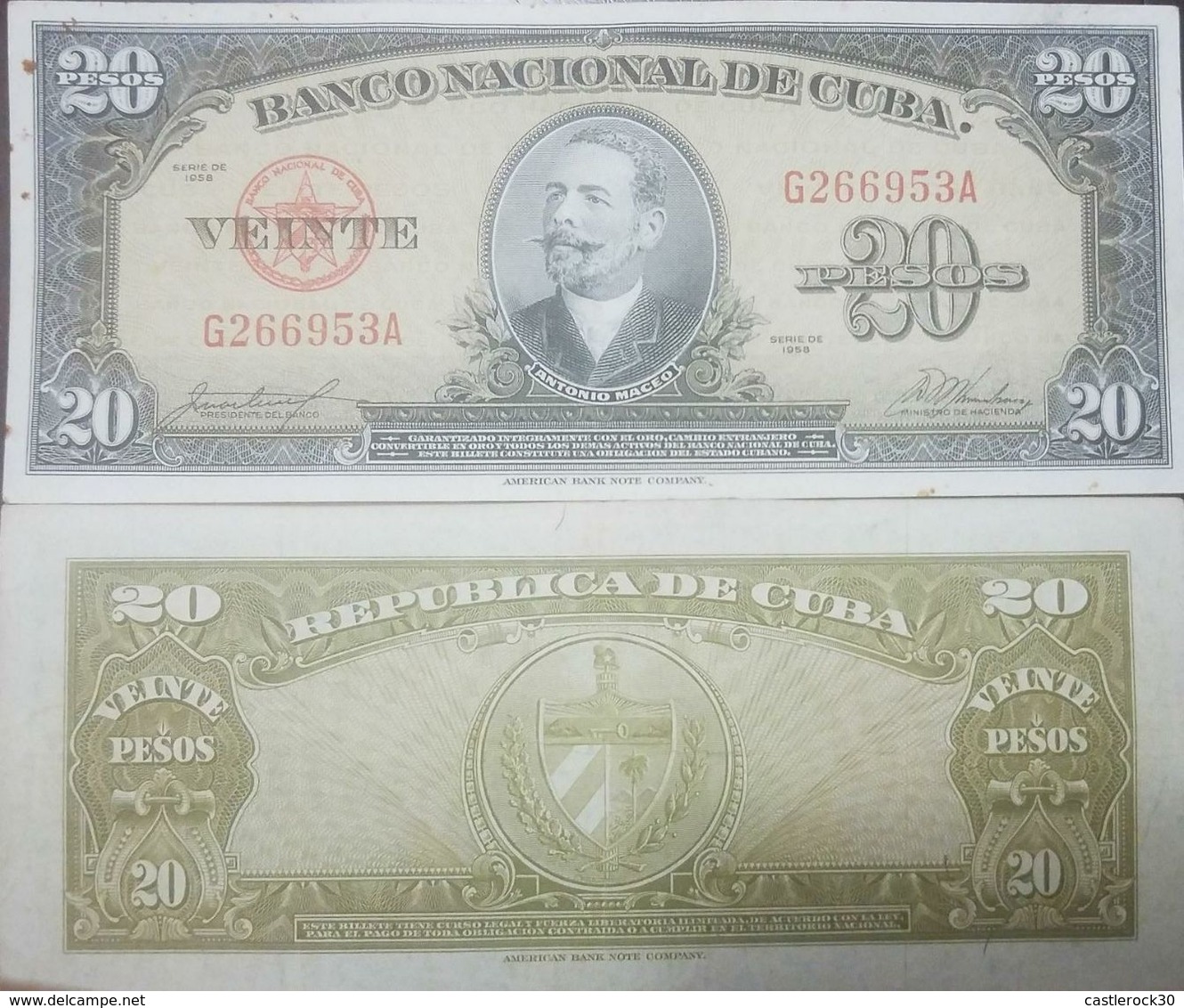 L) 1958 CUBA, BANKNOTES, ANTONIO MACEO, MILITARY, 20 PESOS, SHIELD, LIGHTLY TONED FINE, XF - Cuba