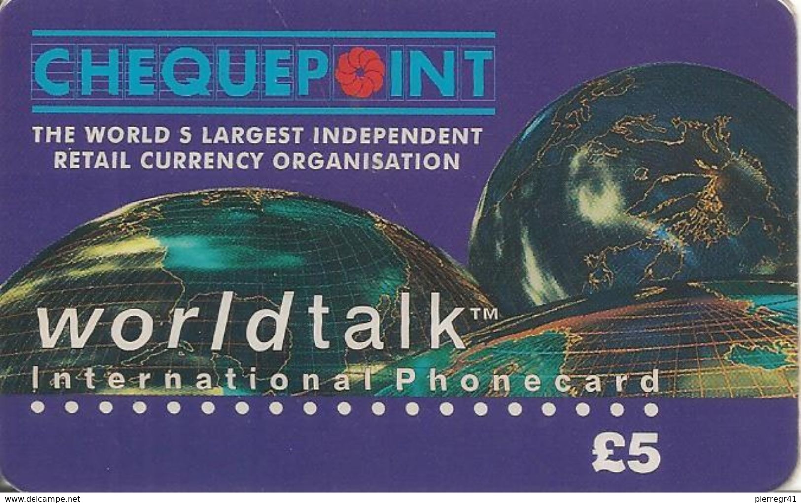 CARTE+-PREPAYEE-GB-5£-CHEQUE POINT-WORLDTALK-Plastic Epais-TBE- - Autres & Non Classés