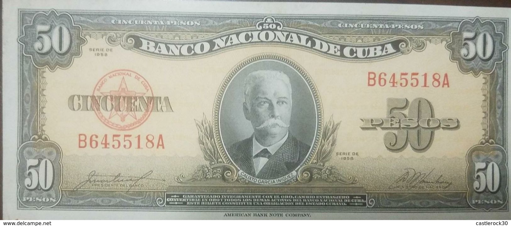 L) 1958 CUBA, BANKNOTES, CALIXTO GRACIA INIGUEZ, PEOPLE, 50 PESOS, TWO COLORS, ORANGE, BROWN, LIGHTLY TONED, UNC, XF - Cuba