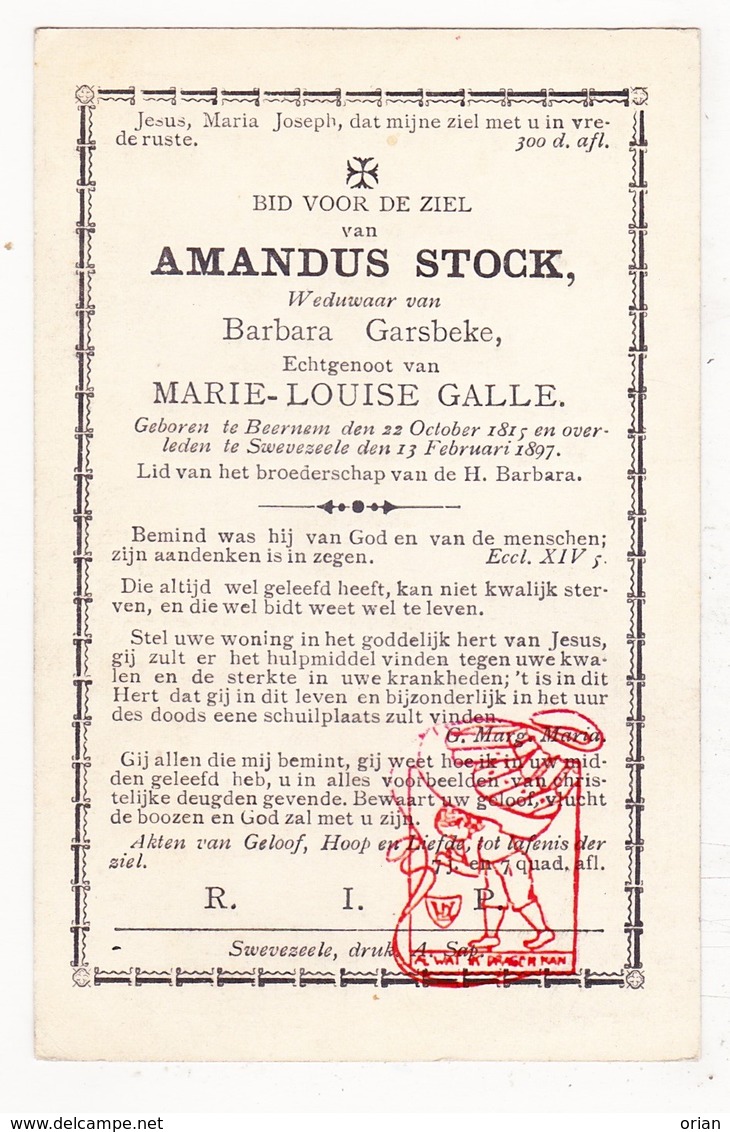 DP Amandus Stock ° Beernem 1815 † Zwevezele Wingene 1897 X B. Garsbeke Xx ML. Galle - Images Religieuses