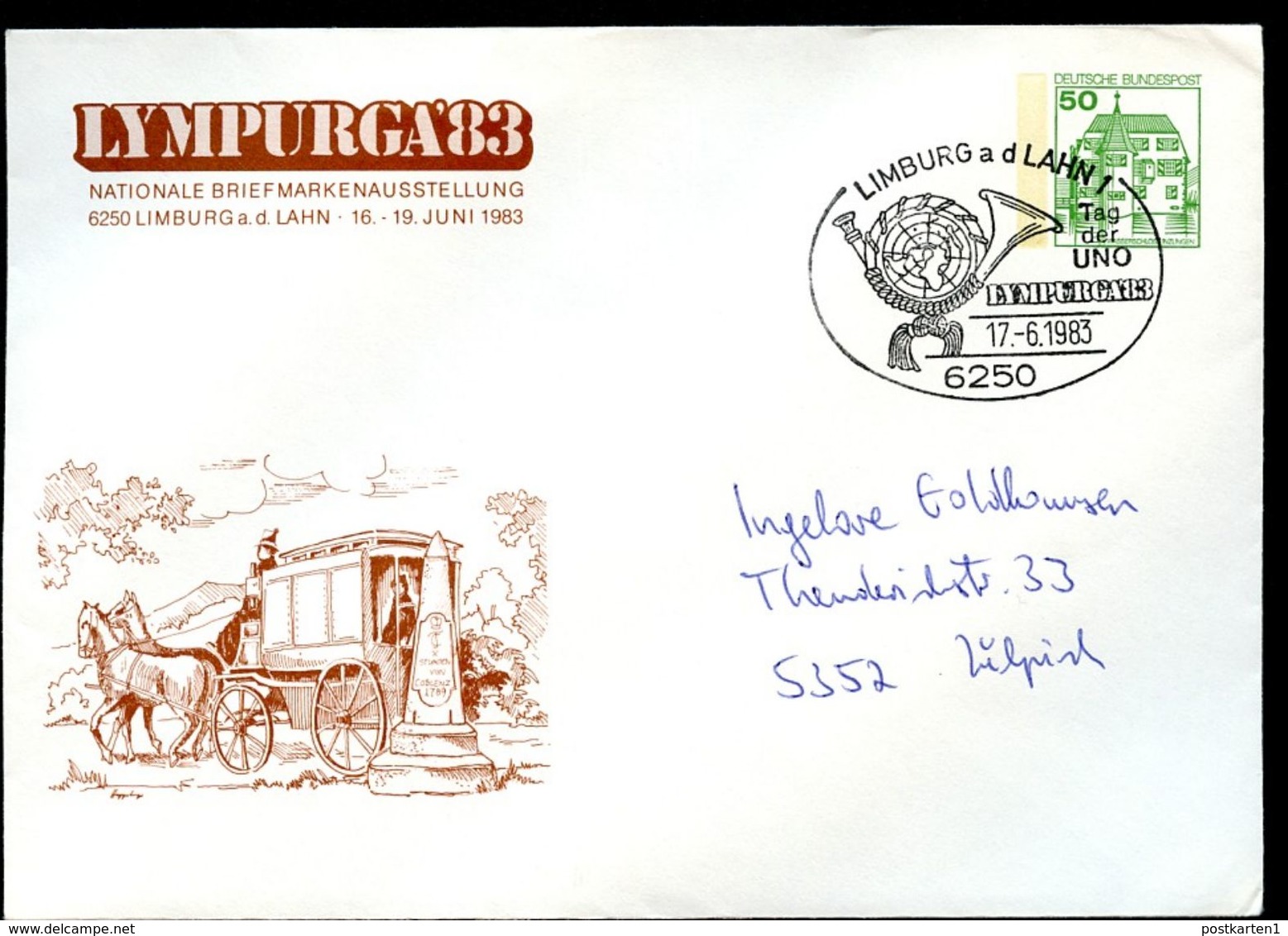 Bund PU113 D2/021 Privat-Umschlag POSTKUTSCHE LYMPURGA Limburg Sost.1983 NGK 4,00 € - Post