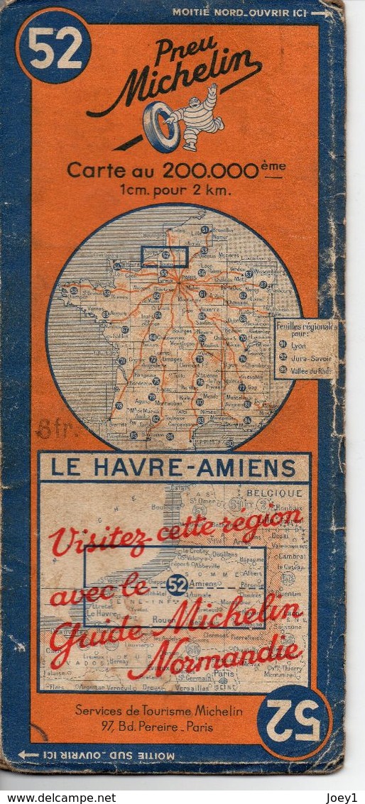 Carte Routière Michelin Numéro 52 Le Havre Amiens Année 1939 - Roadmaps