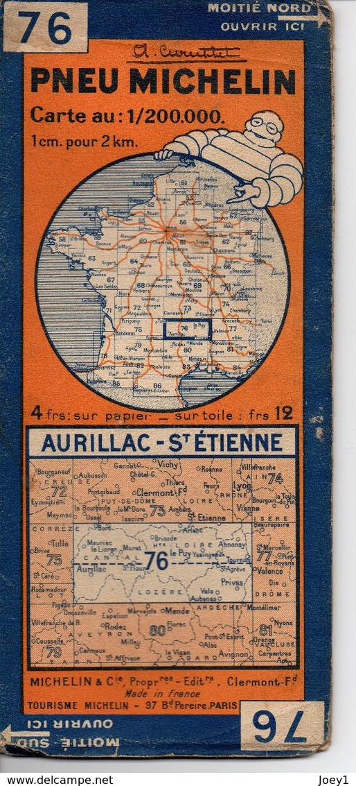 Carte Routière Michelin Numéro 76 Aurillac St étienne Année 1939 - Roadmaps