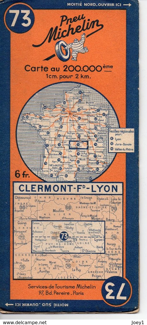 Carte Routière Michelin Numéro 73 Clermont Ferrand Lyon Année 1938 - Wegenkaarten