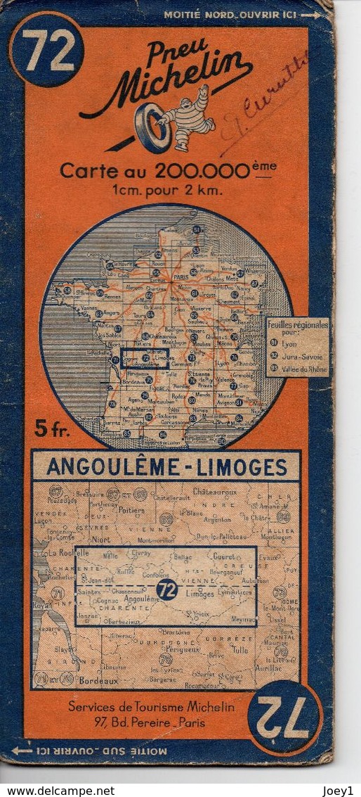 Carte Routière Michelin Numéro 72 Angoulème Limoges Année 1938 - Roadmaps