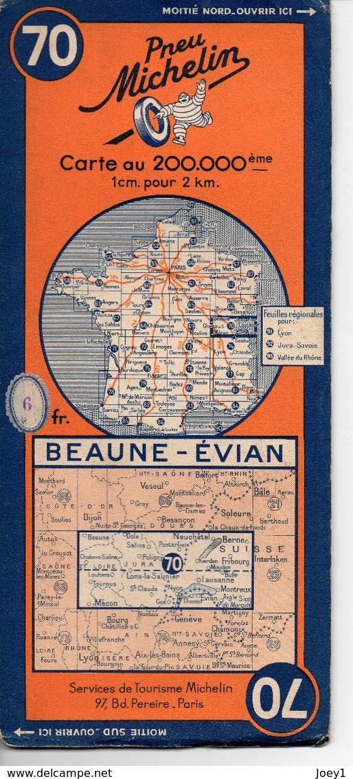 Carte Routière Michelin Numéro 70 Beaune Evian Année 1938 - Strassenkarten