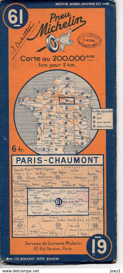 Carte Routière Michelin Numéro 61 Paris Chaumont Année 1938 - Wegenkaarten