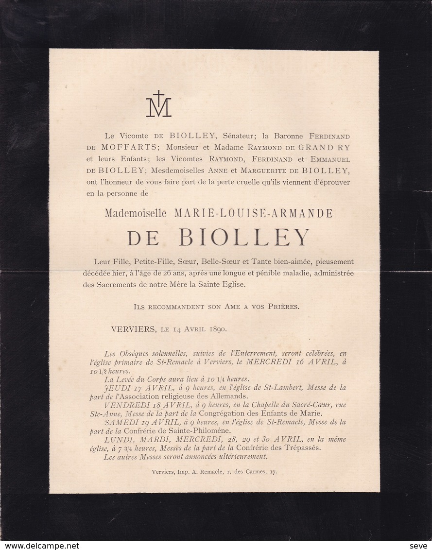 VERVIERS Marie-Louise De BIOLLEY 26 Ans 1890 Famille De GRAND RY - Décès