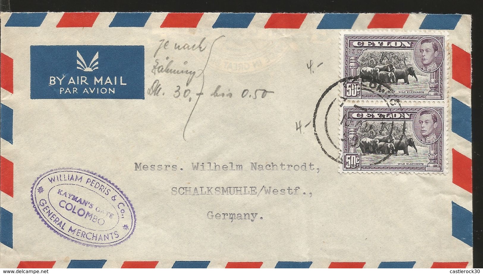 J) 1950 CEYLON/SRI LANKA, WILD ELEPHANTS, PAIR, PURPLE CANCELLATION, AIRMAIL, CIRCULATED COVER, FROM SRI LANKA TO GERMAN - Sri Lanka (Ceylon) (1948-...)