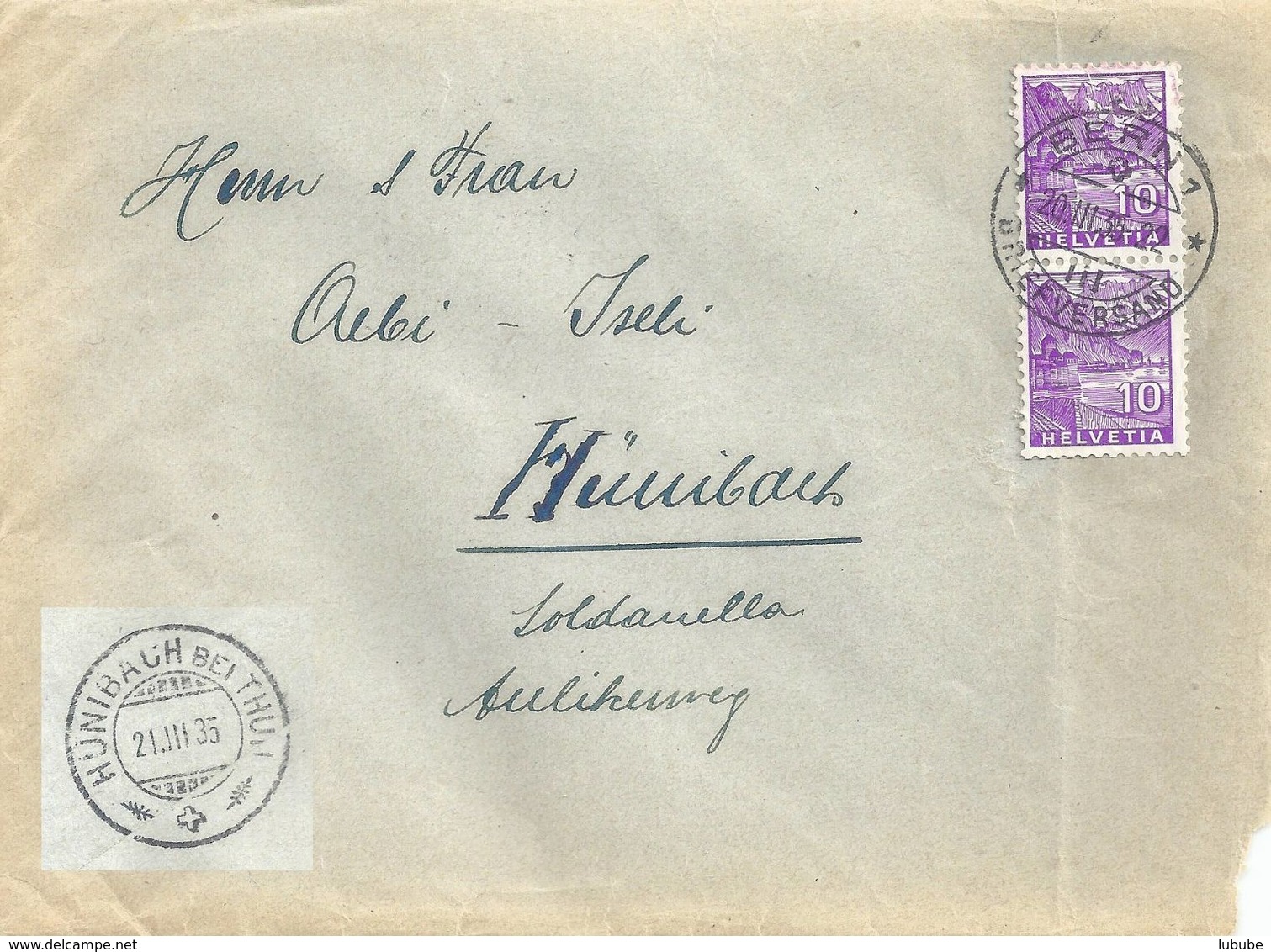 Brief  Bern - Hünibach  (Rollenpaar - Klebestelle)        1935 - Franqueo