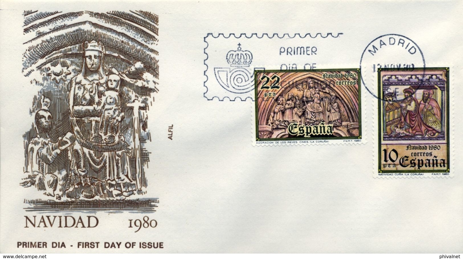 1980 , SOBRE DE PRIMER DIA , ED. 2593 / 2594 , NAVIDAD - FDC