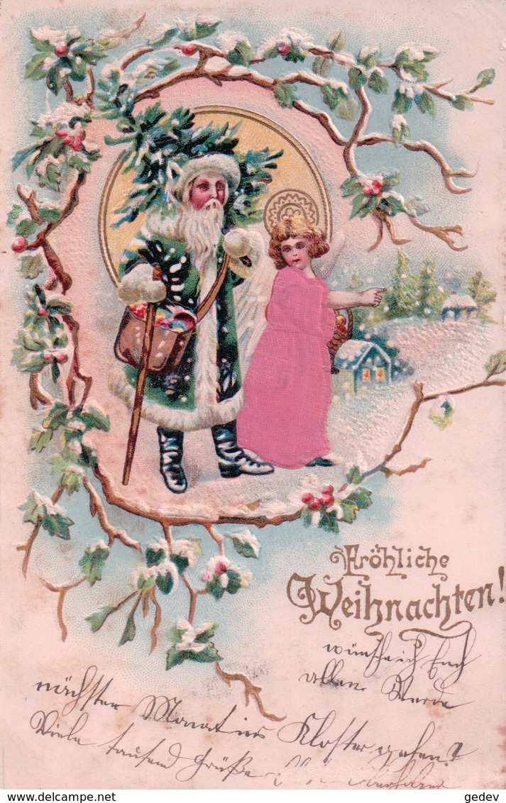 Fröhliche Weihnachten, Père Noël Et Enfant, Litho Gaufrée Et Tissu (16.12.02) - Santa Claus