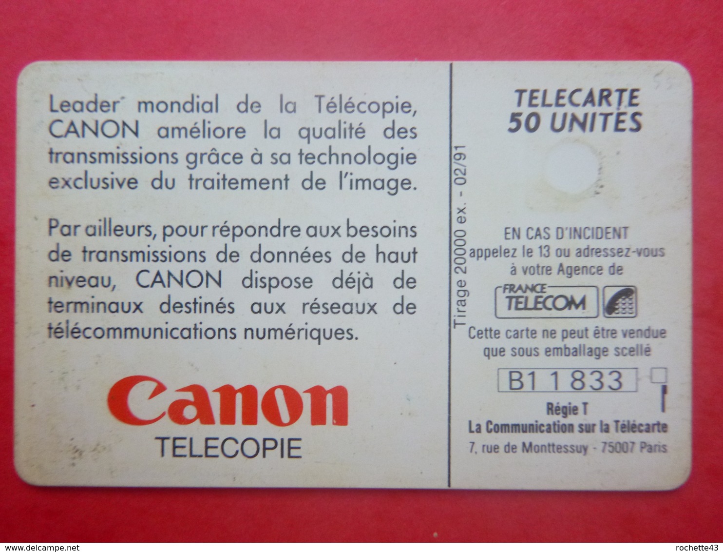 France - Télécarte CANON - 1991 - PR - 50 Unités - Puce GEM - Utilisée - Privat
