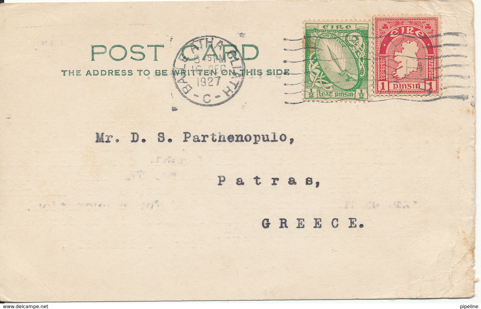 Ireland Postcard Sent To Greece 16-12-1927 - Covers & Documents