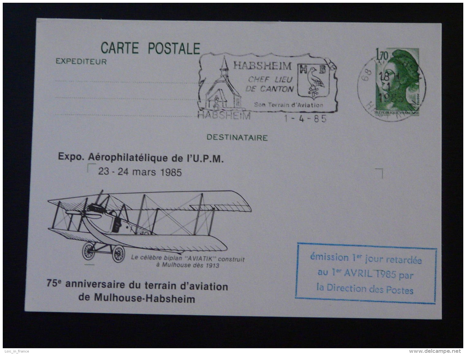 68 Haut Rhin Habsheim 75 Ans Terrain D'aviation Entier Postal Liberté De Gandon Stationery Card - Airplanes