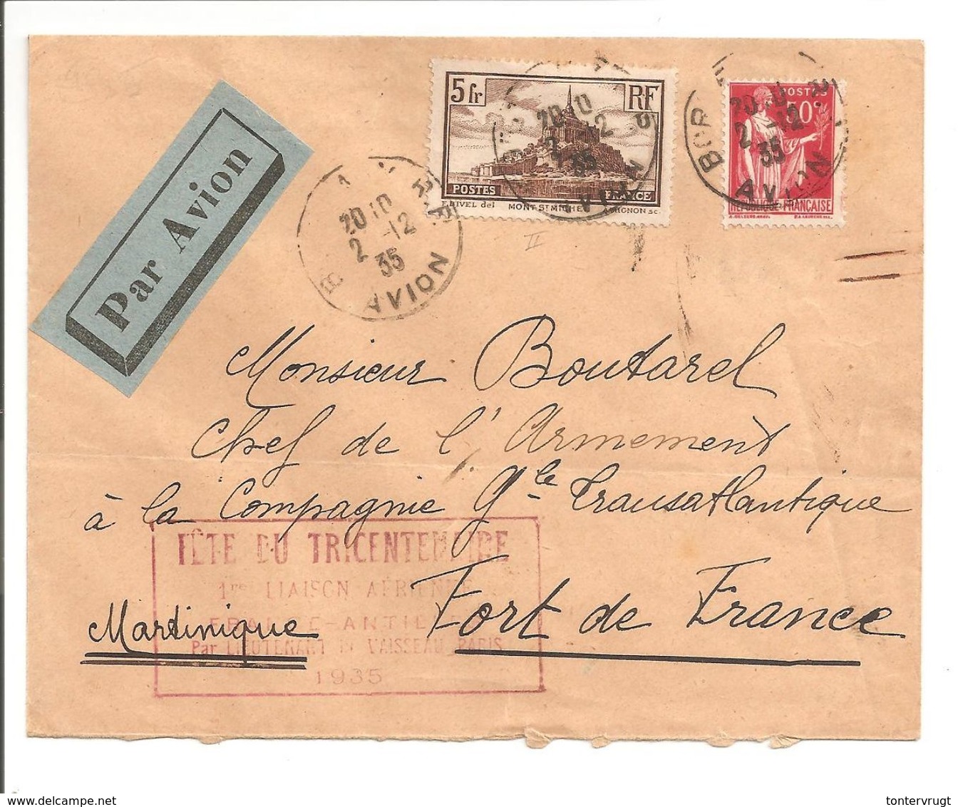 Fête Du Tricentenaire France-Antilles 1935 Lt.vaisseau Paris. - 1927-1959 Briefe & Dokumente