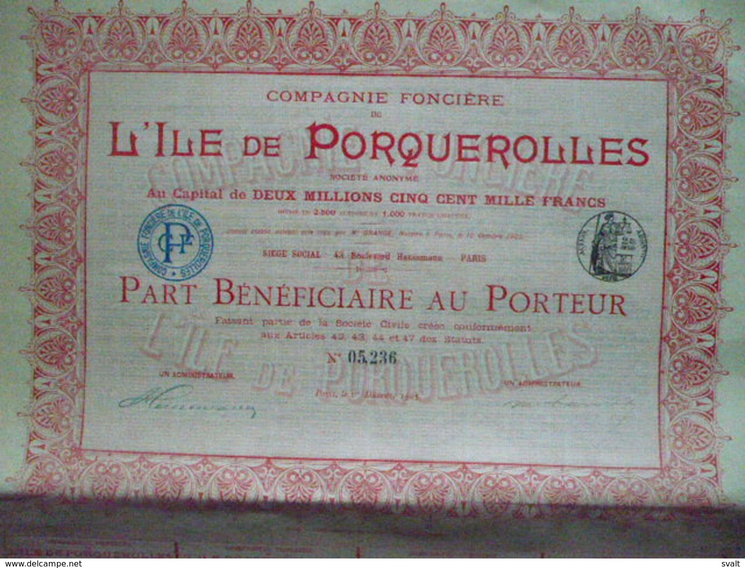 Seulement 2500 Exemplaires : Action De 1000F / Année 1905  Ile De Porquerolles  Part Bénéficiaire Au Porteur - Autres & Non Classés