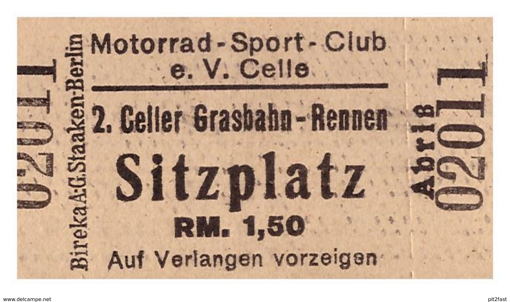 2.Celler Grasbahn-Rennen , Eintrittskarte Ca. 1932 , Motorsport Celle , Bier - Werbung , Schilling-Bräu , Motorrad Club - Motorräder