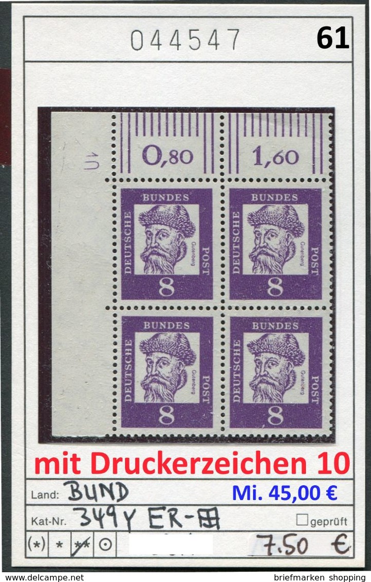 Bundesrepublik Deutschland - Germany - Allemagne  - Michel 349y Eckrand-Viererblock + DZ 10  -  ** Mnh Neuf Postfris - Ungebraucht